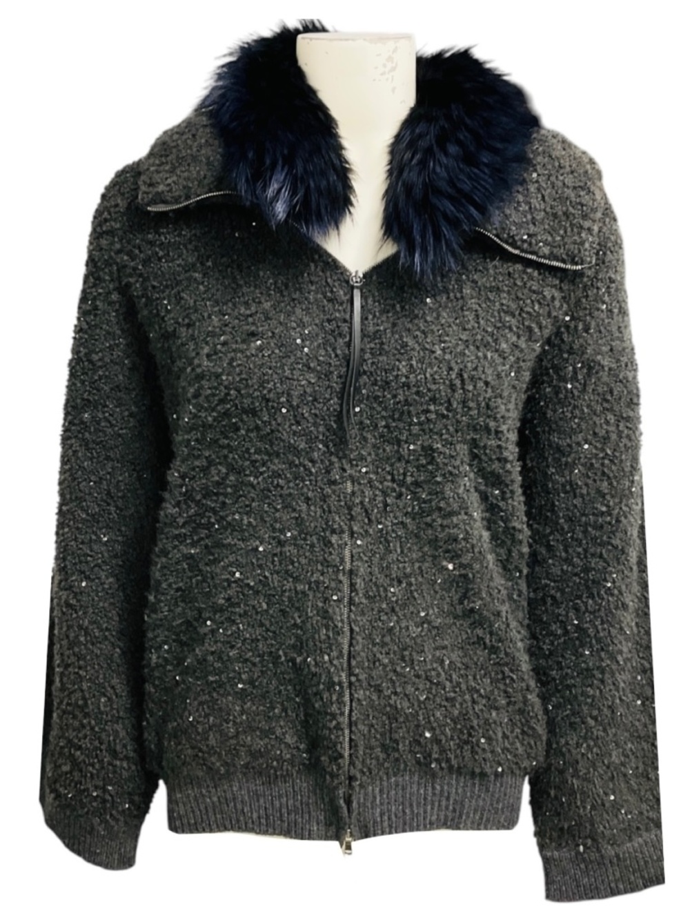 FABIANA FILIPPI CHARCOAL GREY SEQUINED ZIP FRONT SWEATER WITH BLUE FOX FUR COLLA